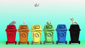 Colorful Recycling Animation Trash Falling Into Bins video