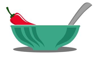 Bowl with chili pepper halfway inside and a spoon tail is visible. Spicy dish cooking and international cuisine. The chili could represent varieties like jalapeno, habanero, cayenne, or Thai chili. vector