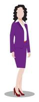 Faceless Caucasian woman with shoulder-length curly hair, standing upright with her hands by her sides. Dressed in a smart business suit with high heels, exuding professionalism and confidence. vector