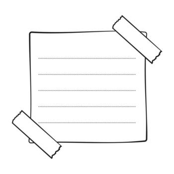 Taped paper sheet, sticky note, reminder, to do list, sticky tape. Bullet journal elements in line art doodle style. vector