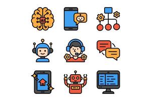 AI technology colorful icons set with depicting AI, chatbot, customer service, automation, and digital interfaces. chatbot and automation flat color signs set. digital assistant symbols vector