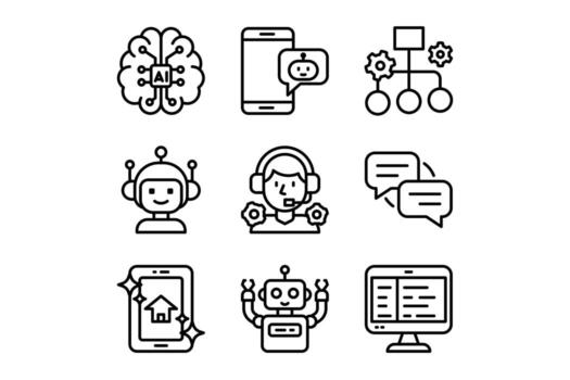 AI chatbot outline style icons set featuring AI, chatbot, voice assistant, digital communication, and tech tools. line style artificial intelligence symbols. automation and tech UI elements vector