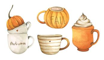 Hand Drawn Tea and Coffee Cups, Rustic Autumn Mood, Cozy Breakfast Beverage in Watercolor vector