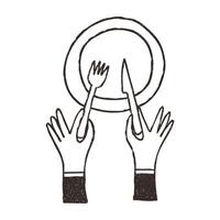 Hands with knife and fork above empty plate, cartoon doodle illustration isolated on white background. Hand drawn outline art with grunge texture. Concept of cafe and restaurant. vector
