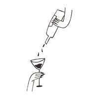 Pouring wine in glass, hand drawn doodle, illustration isolated on white background. Outline sketch style with grunge vintage texture. Concepts of bar, restaurants and cafes. vector