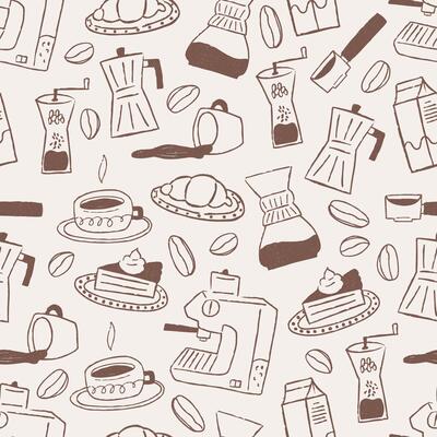 Coffee and pastries seamless pattern in hand drawn doodle outline style on beige background. Cafe wallpaper - croissant, coffee machine, cup, cake. Retro style with grunge texture.