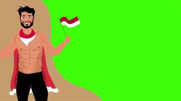 Flat illustration of shirtless man waving Indonesian flag proudly for independence day celebration video