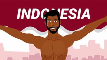 Illustration of shirtless man spreading arms wide with Indonesia text and waving flag background for independence video