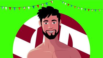 shirtless man smiling with festive decorations and big Indonesia flag circle background celebration video