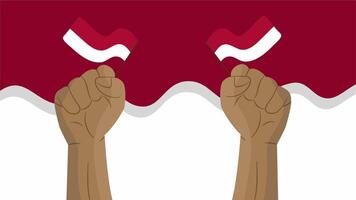 Illustration of two raised fists holding waving Indonesian flags symbolizing freedom unity and strong spirit video