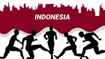Illustration of silhouettes of runners with city skyline and waving Indonesian flag celebrating independence video