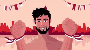 Illustration of shirtless man raising fists tied with red white ribbon symbolizing Indonesia independence and spirit video