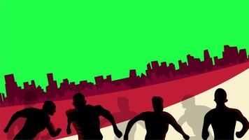 silhouettes of people running with Indonesian flag and city skyline background celebrating freedom video