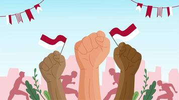 Illustration of diverse raised fists holding Indonesian flags together symbolizing unity and independence day video