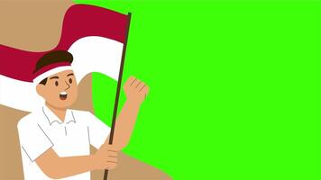 illustration of a young boy wearing headband holding Indonesian flag with proud expression and green bg video