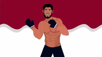 Illustration of muscular shirtless man posing with boxing gloves in front of waving Indonesian red white flag video
