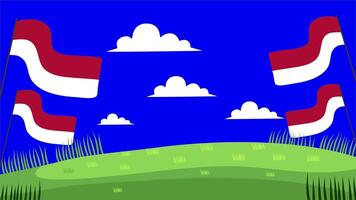 landscape with waving red white Indonesian flags and blue sky background for independence celebration video