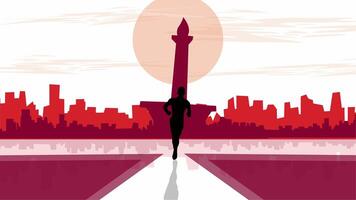 illustration of a man running towards Monas monument with city skyline symbolizing Indonesia spirit freedom video