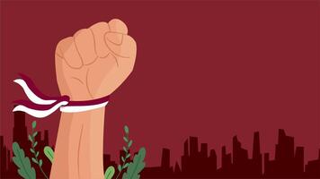 illustration of raised fist tied with red white ribbon representing Indonesia freedom courage and resistance video