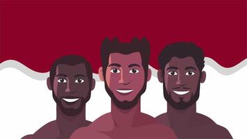 Illustration of three strong shirtless men smiling confidently with red and white Indonesian flag in the background video