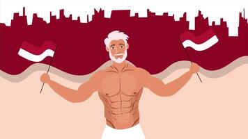 shirtless man with white hair holding Indonesian flags in front of city skyline background video