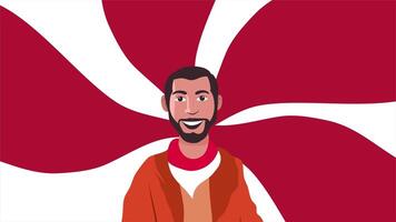 Illustration of smiling man wearing orange jacket standing with big waving red white flag background for freedom video
