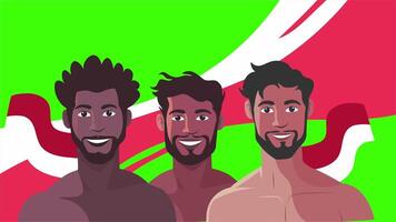 Flat of three young shirtless men smiling with waving Indonesian flag behind for independence celebration video