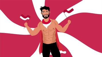 Illustration of smiling shirtless man holding small Indonesian flags with wide pose on waving flag background video