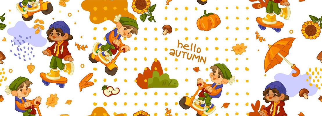 Seamless Autumn Kids Scooter Pattern