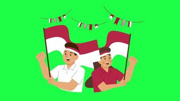 two kids smiling holding Indonesian flags with decorations celebrating independence day joyfully video