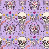 A pattern with skulls and hearts on a purple background vector