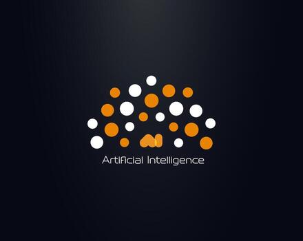 Artificial Intelligence Logo With Orange And White Neural Network Dots Forming Abstract Brain Shape On Dark Background. Ideal For Tech, AI, Data And Innovation Projects. Illustration. vector