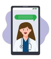Online female doctor cartoon for consultation application. Telemedecine illustration concept. Advice or follow up service vector