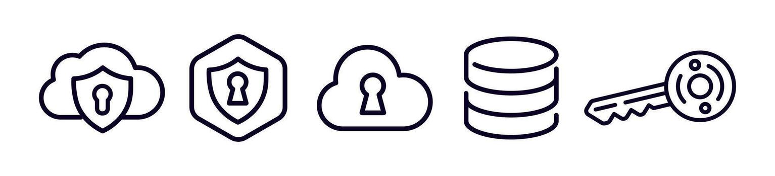 nube seguridad línea íconos conjunto para datos cifrado, base de datos seguridad, llave acceso, base de datos almacenamiento proteccion, nube bloquear pictogramas para tecnología proyectos la seguridad cibernética infraestructura. ilustración. vector