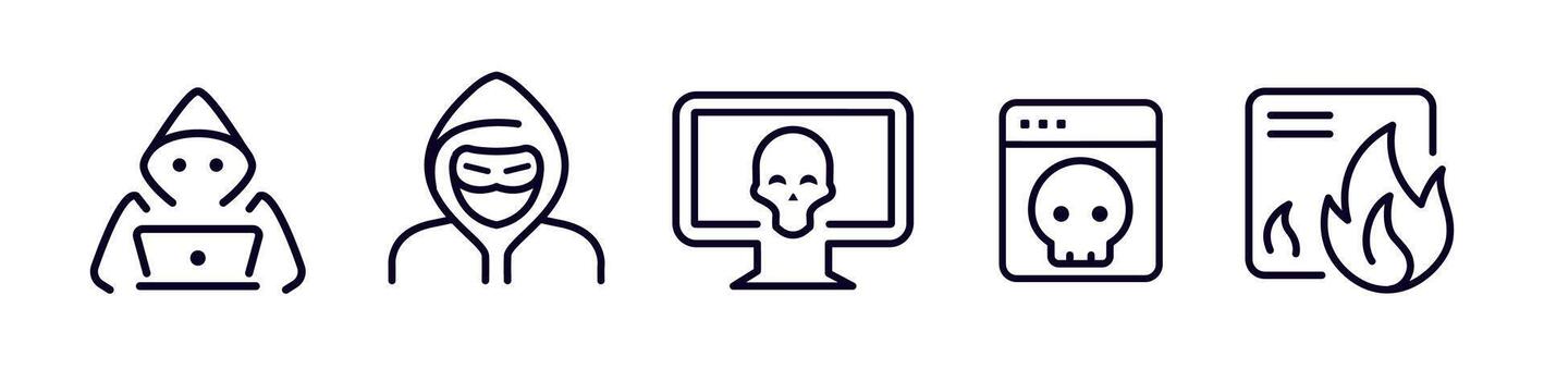 hacker malware icono conjunto presentando ciberdelincuencia, virus ataque, software espía, cráneo símbolo, datos incumplimiento amenazas en línea estilo para ciber seguridad temas ilustración vector