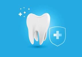 realistic healthy glowing tooth. Shield around white tooth. Dental care, protection and whitening vector
