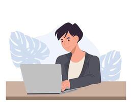Business man illustration. A man is working with his laptop.flat cartoon illustration vector