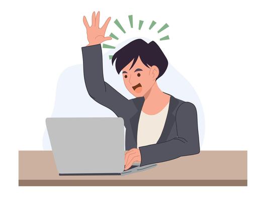 a man raise his hand up in front of laptop. got an answer.