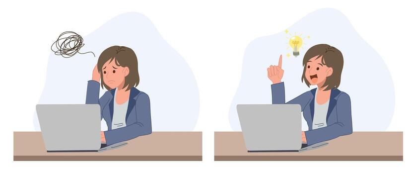 un negocio mujer es trabajando en frente de su ordenador portátil y tener problema luego tiene un idea a resolver. vector