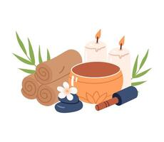Composition of hot rolled towels, aromatic candles, singing bowl, basalt massage stones and tropical plants. Hand drawn illustration for spa website, aromatherapy packaging and spa menu design. vector