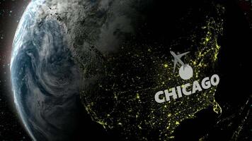 Airplane Flight from Chicago to Seoul, Space, Earth, 3D Render video