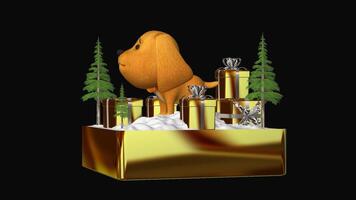 Funny Dog, Gold Gifts with Snow and Trees, Alpha Channel, Looped, Exclusive, Transparent Background video