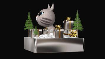 Funny Kitten, Silver Gifts with Snow and Trees, Alpha Channel, Looped, Exclusive, Transparent Background video