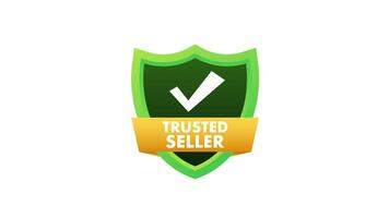 Animated trusted seller badge with check mark on white and blue background video