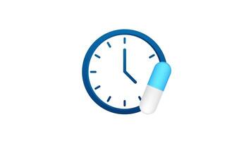 Clock with pill approaching on white and green screen background video