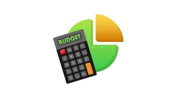 Budget planning with calculator and pie chart on white and blue background video