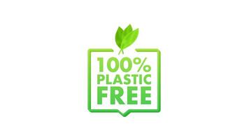 100 percent plastic free animated logo with green leaves on white and blue background video