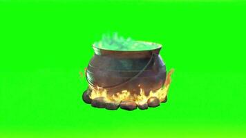 Animated Cauldron with Boiling Green Potion and Fire Flames on Green Screen for Visual Effects Compositing Resource video