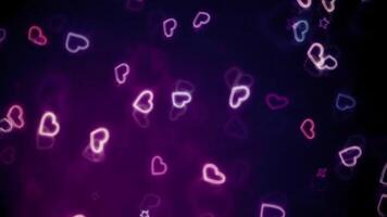Floating Neon Hearts and Stars on a Dark Background Glowing in Pink and Purple Festive Backdrop with Sparkling Bokeh Effects Perfect For Romantic Holiday Decoration video
