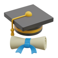 3d render of graduation cap and diploma paper roll with ribbon. Academic graduation achievement 3d icon concept png